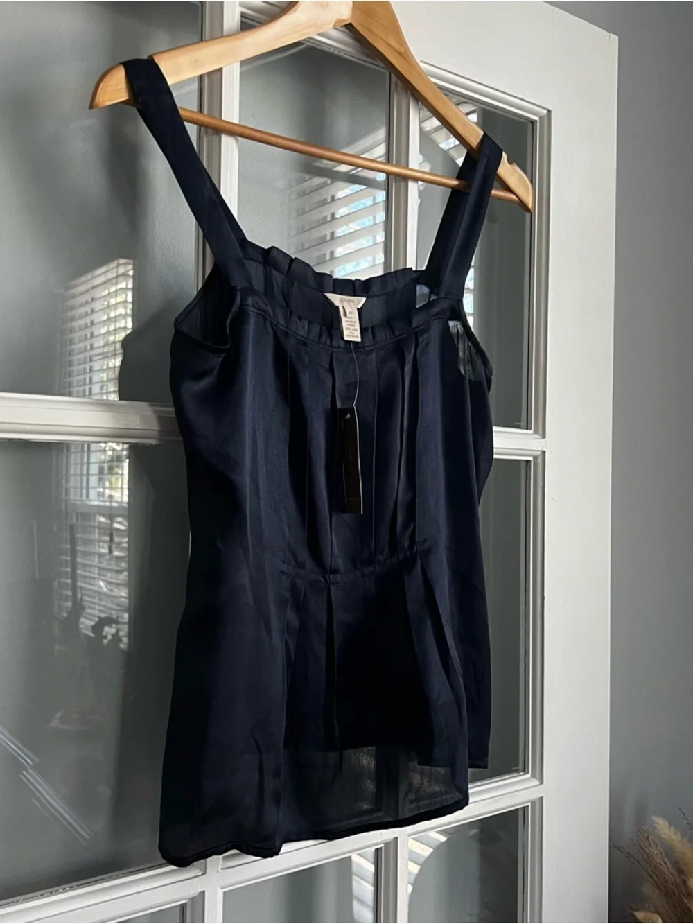 J. Crew Navy Silk Square-Neck Pleated Camisole - Picture 3 of 6